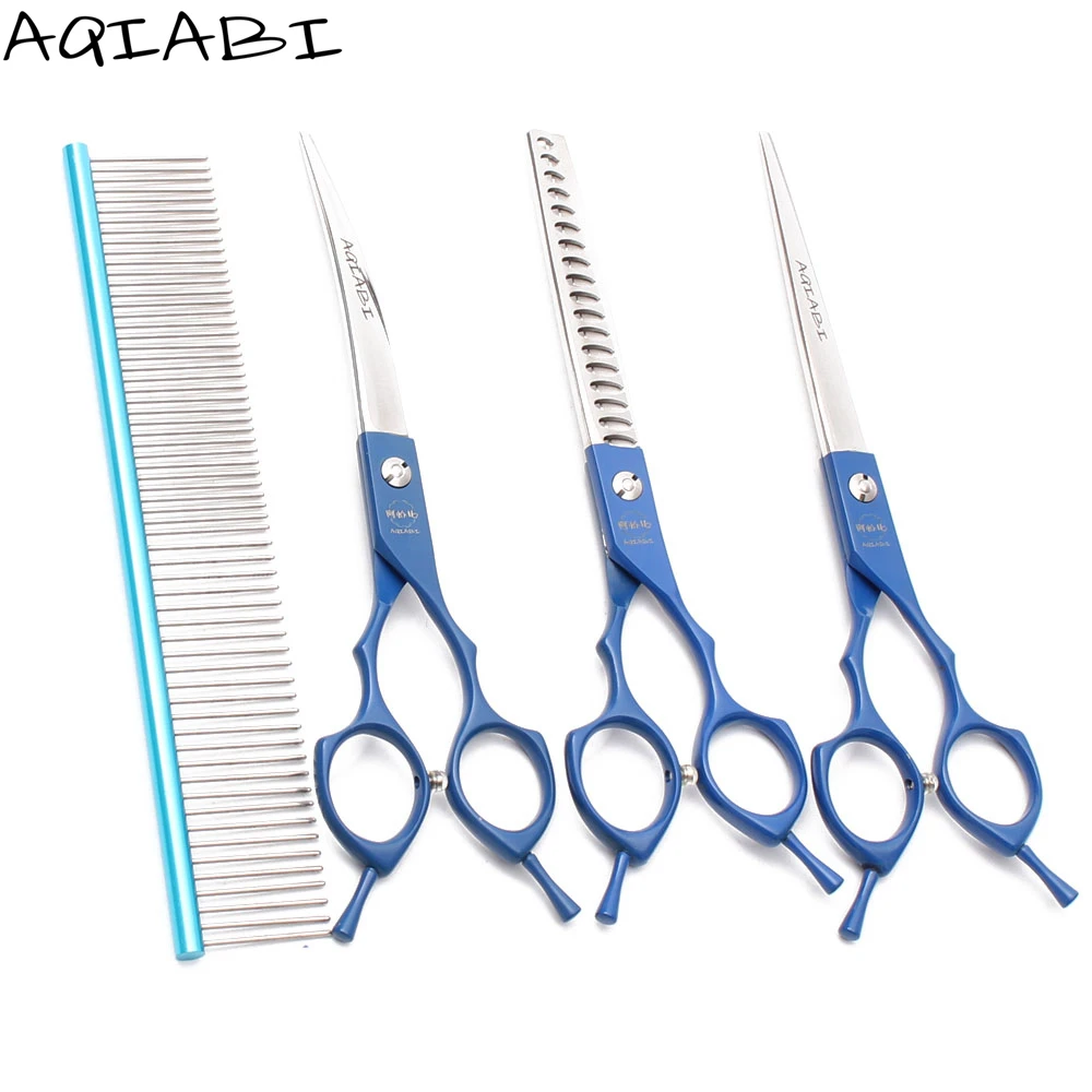 

Dog Scissors 7" AQIABI JP Steel Pet Scissors Set Straight Shears Thinning Shears Pet Grooming Scissors A3009, Red handle