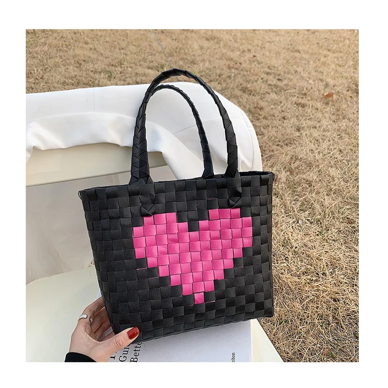 

Heart Printed Women Durable Weave Beach Bag Woven Bucket Bag Casual Tote Handbags Popular Receive straw plastic braided basket
