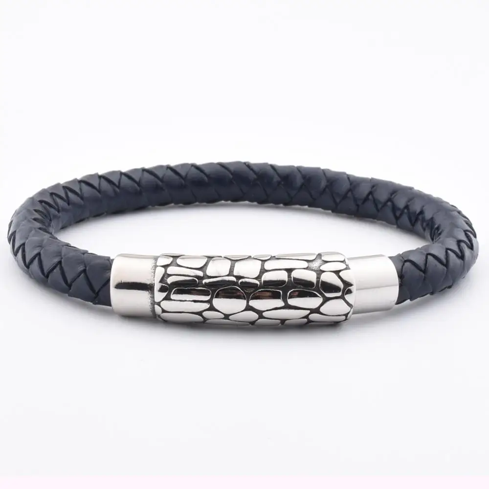 

Brand New Newest Design Bulk Navy Blue Leather Stainless Steel Accessories Bracelet Sign