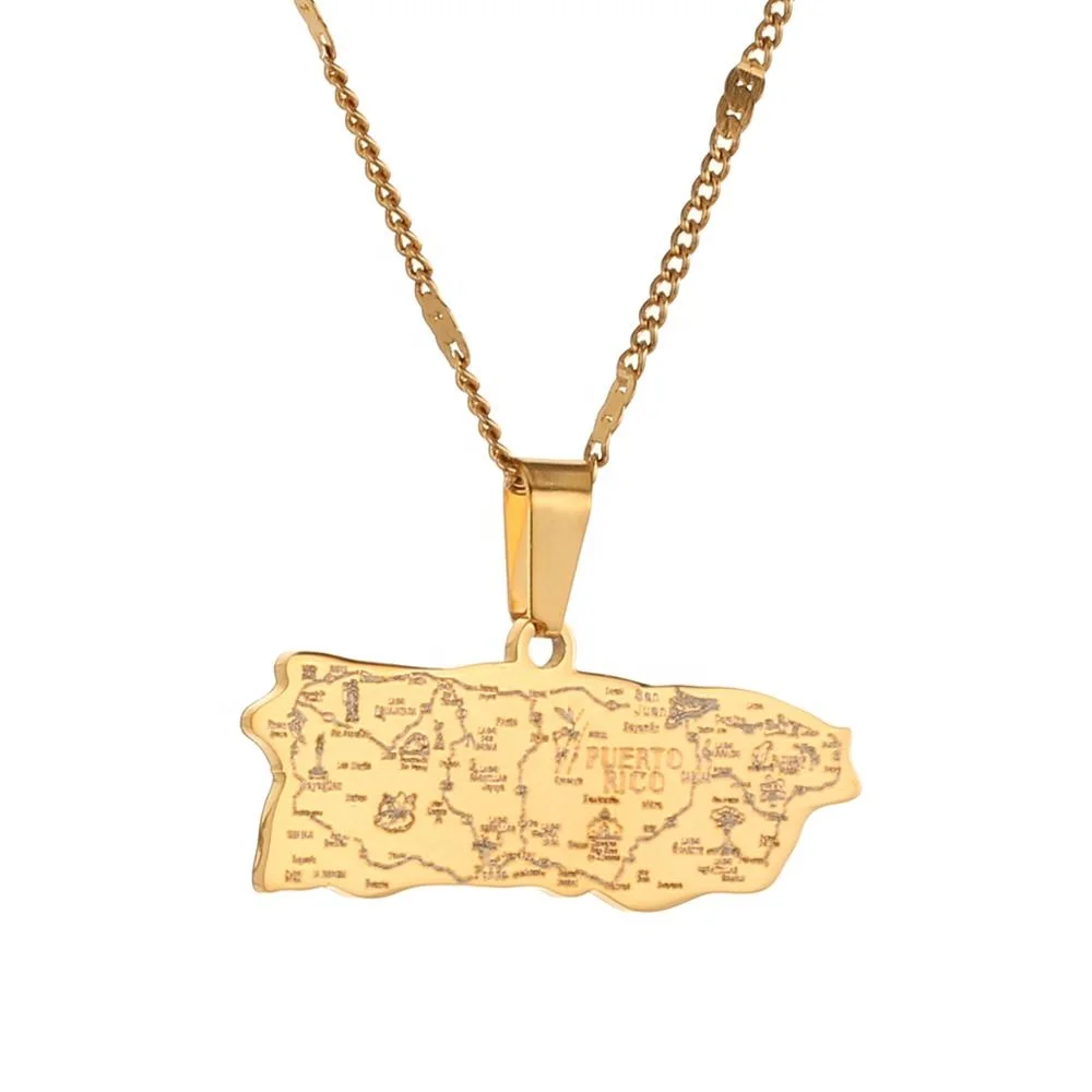 

Stainless Steel Gold Color Puerto Ricans Map Pendant Necklaces Puerto Ricans Map Jewelry