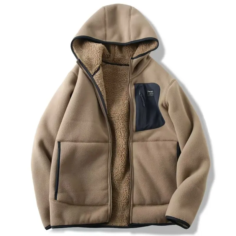 

Men's winter coat fleece jacket solid color pockets fleece zip up jacket factory customized jackets