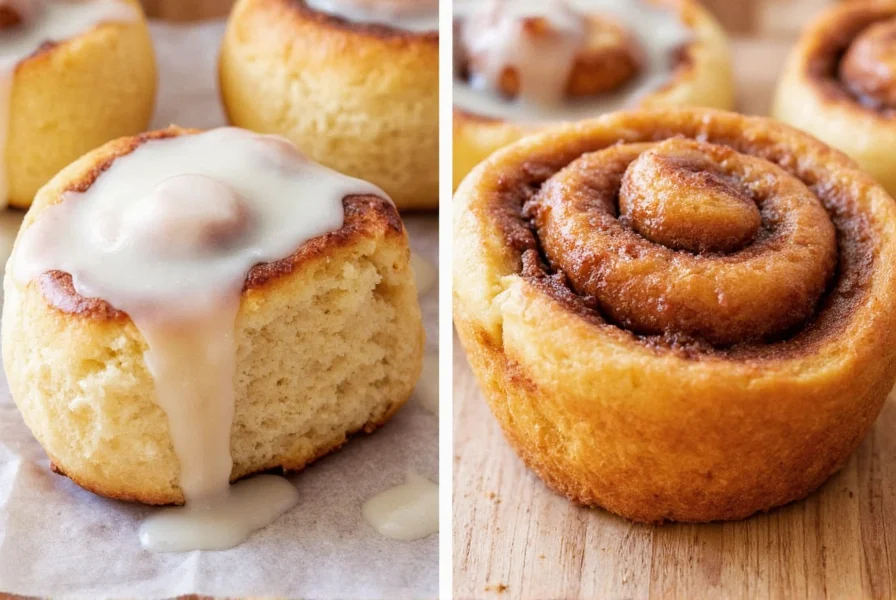 Professional overhead shot of freshly baked cinnamon rolls with perfect spiral pattern, golden brown crust, and glossy cream cheese icing drizzle on rustic wooden table