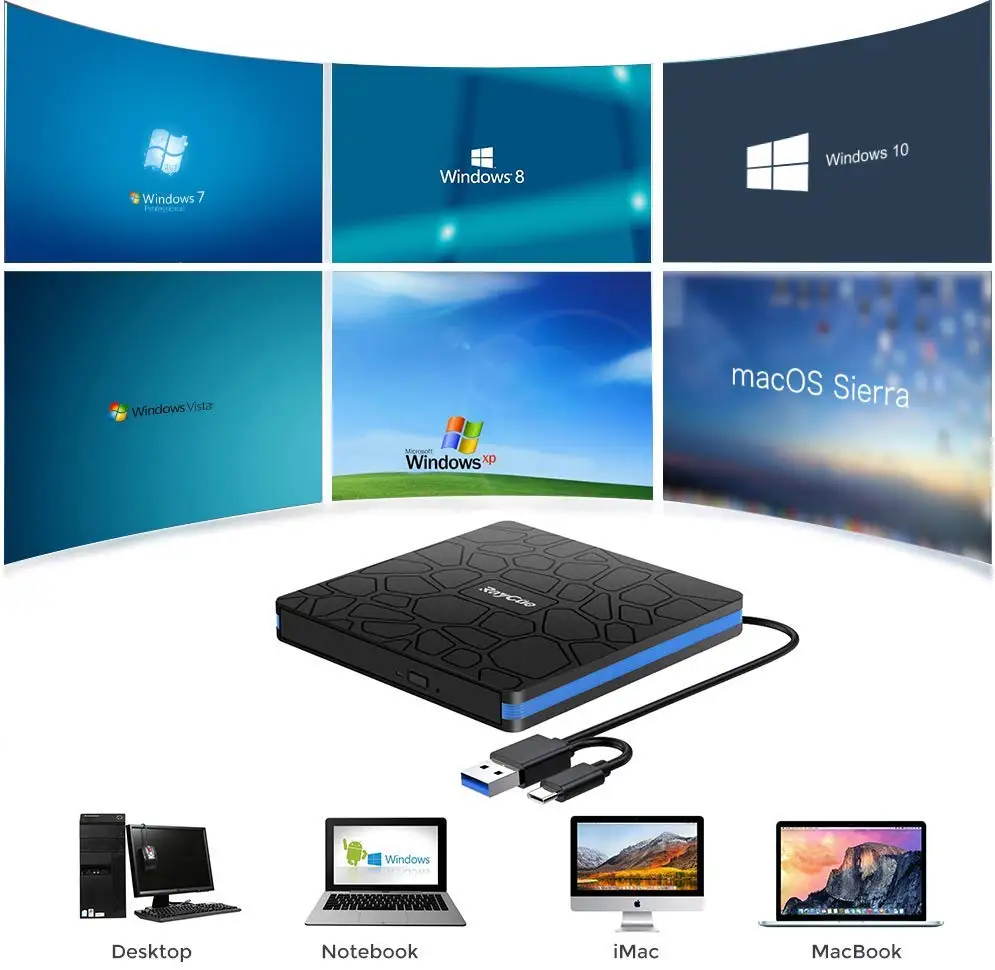 
Raycue High-Speed Low Noise External CD DVD Player Drive Portable CD-RW Burner Reader with USB 3.0 Type-C 