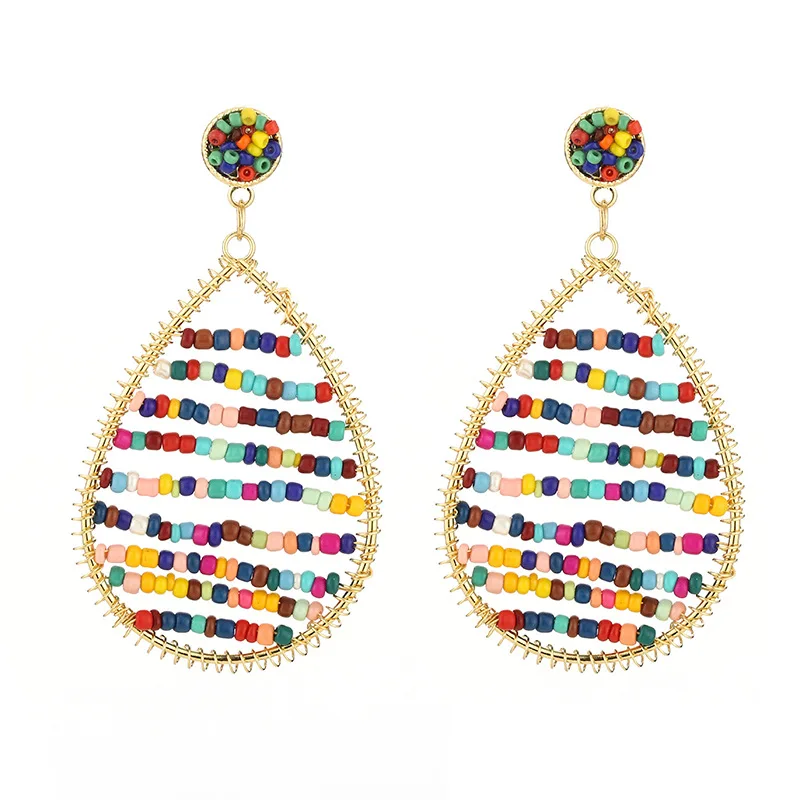 

2021 Fashion Female Bohemian Rice Beads Color Earrings Handmade Beaded Waterdrop Multi-geometric Boho Earrings, Colorful