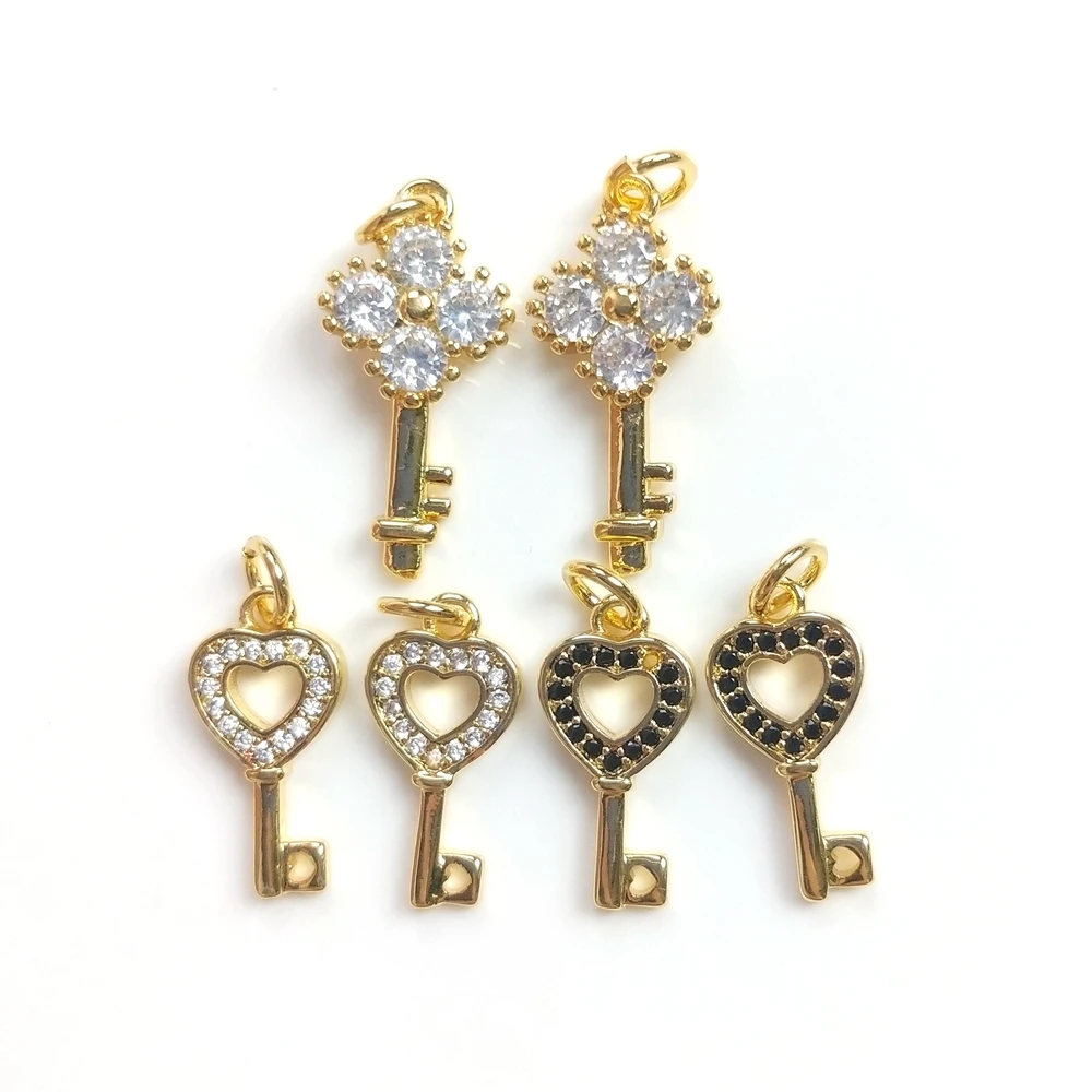 

High Quality Fashion Yellow Gold Copper Hollow Micro Pave Key Sets Pendant Necklace copper alloy Accessories for jewelry making, Multi color