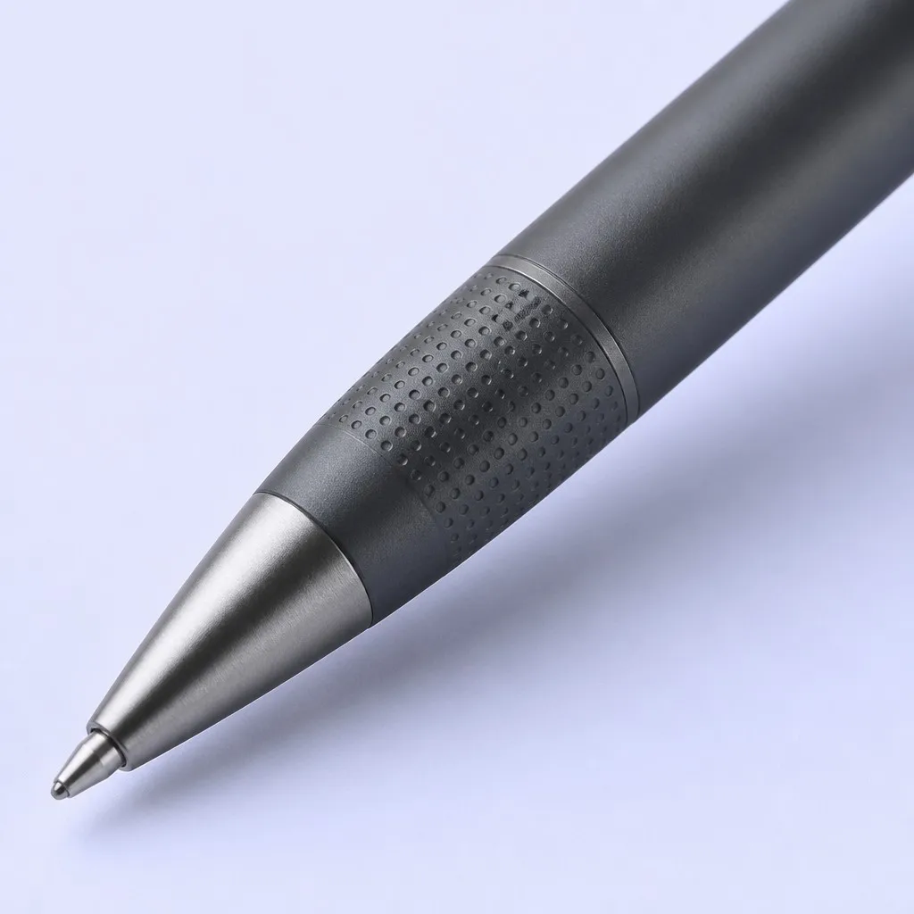 Close-up of a textured dimple grip and brushed chrome pen tip