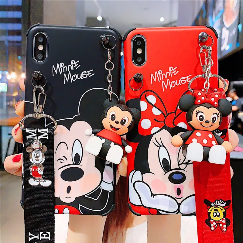 

For iPhone 11 Pro Max 11 Pro 11 Xs X 7 8 Adorable Doll Mickey Minnie 3D Pendent Strap Soft Case, Black