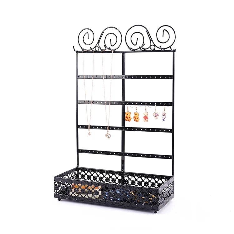 

Jewellery Display 80 Holes Carved Flowers Basket White Black Ring Bracelet Earring Metal Jewelry Display Rack, Black, white