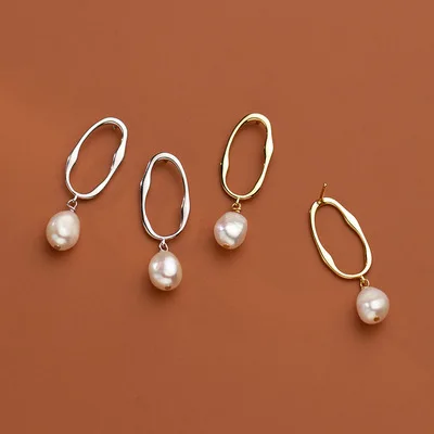 

Korean Trendy 925 Sterling Silver Pearl Oval Drop Earrings Geometric Irregular Baroque Pearl Dangle Earrings For Women Girls