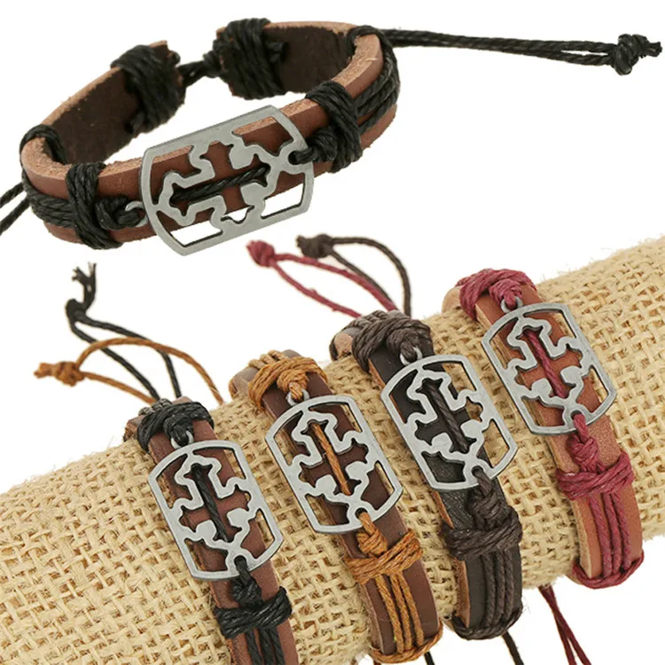 

2022 Wholesale Best selling religious bracelet jewelry hollowed out cross charm leather bracelet for gift