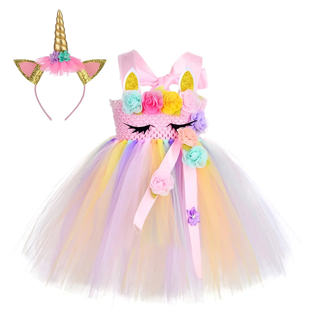 

2022 Kids Handmade Tutu Dress Pink Unicorn Party Girl Fancy Clothing Dress with Headband