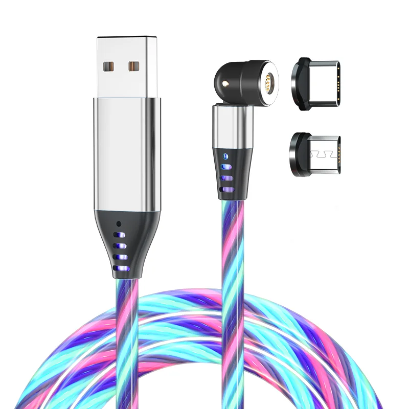 

New 1M 540 Rotation Luminous 3A 3 in 1 Fast Charging Micro USB Type C Magnetic Charging Data Cable, Red blue green colorful