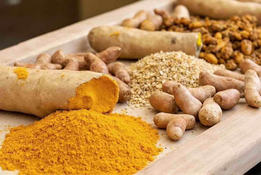 Various turmeric products displayed in a grocery store spice aisle