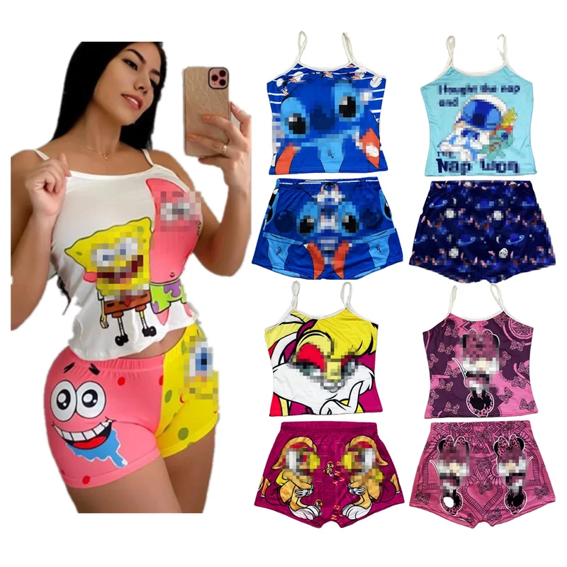 

2022 New Arrivals Summer Two pieces shorts Set Lounge sleepwear women girl snack short Set 2 pieces cartoon pajamas set