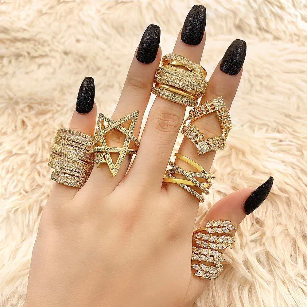 

Hip hop luxury gold plated rings bling cz star diamond rings for men