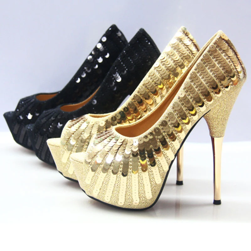 

Superstarer 2020 new open toe pumps super high heel sequined women's shoes sexy golden wedding shoes size