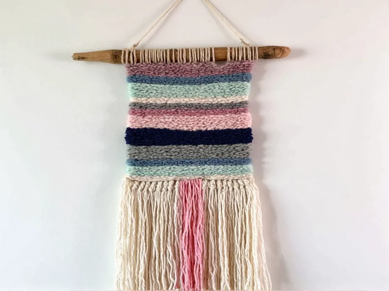 Handwoven wall hanging using recycled fabric strips completed in 6 hours