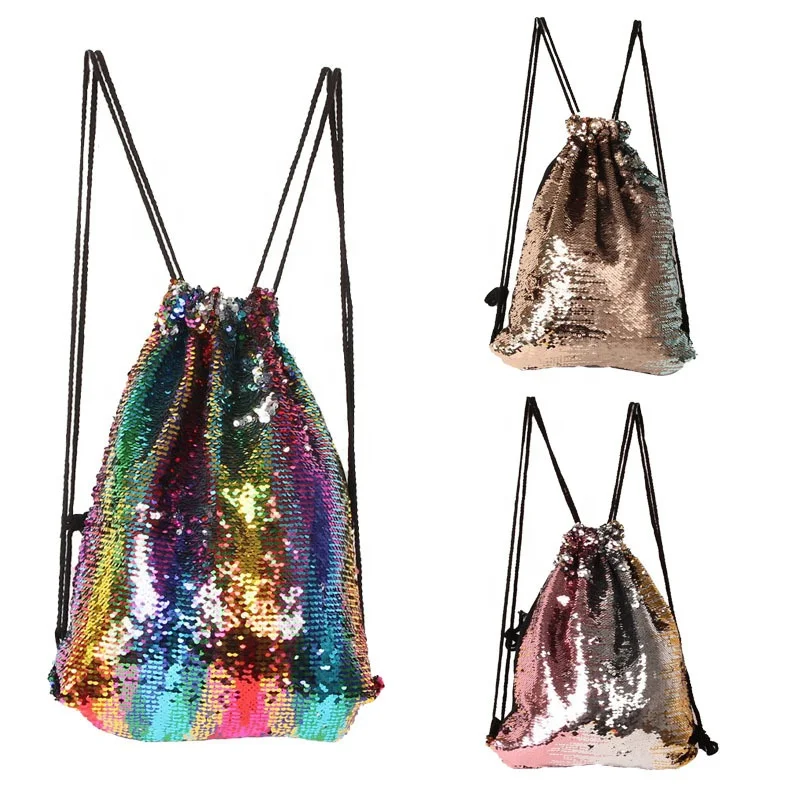 

Sopurrrdy Mermaid Sequin Glittering Outdoor Shoulder Magic Colorful Reversible Glitter Drawstring Backpack Bag