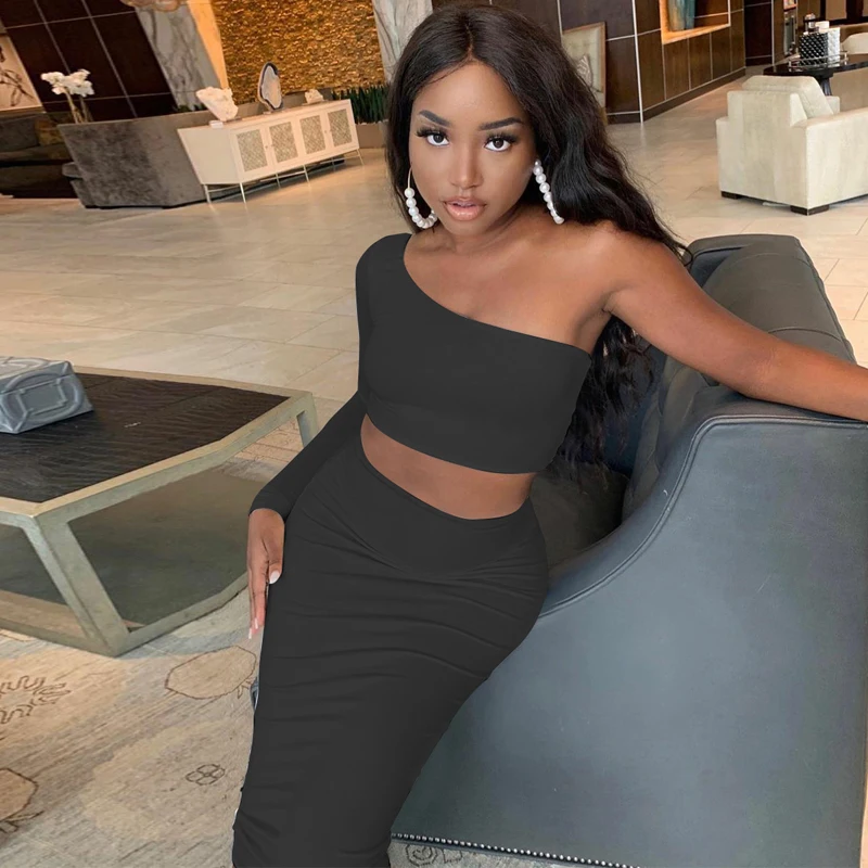 

2021 Hot Sale Autumn 2 Piece Single Shoulder Stylish Fashion Ladies Women Casual Dress