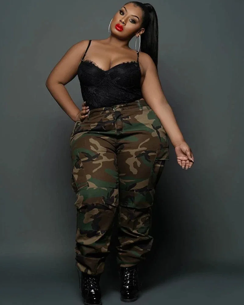 Women Street Casual Sports Camouflage Color Print Plus Size Lady Trousers Bottoms Versatile Camo Baggy Multi Pockets Cargo Pants