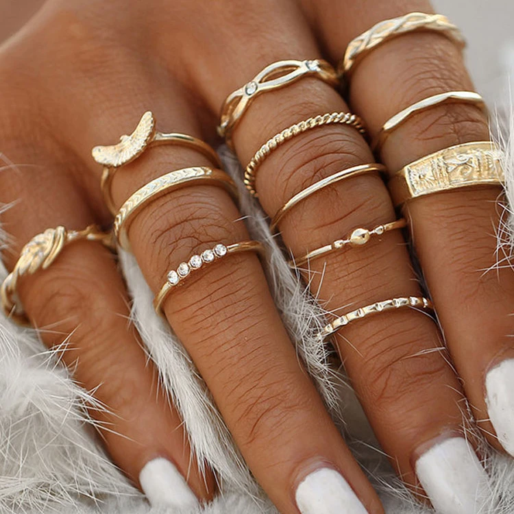 

Fashion Personality Boho Party 12pcs/set Gold Rings Twist Rhinestone Geometric Knuckle Finger Rings Jewelry