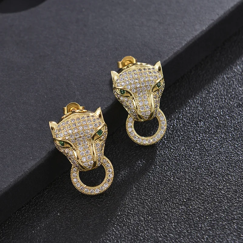 

Exaggerated Full Crystal Rhinestone Leopard Head Earrings Emerald Eye Micro Pave CZ Leopard Earrings