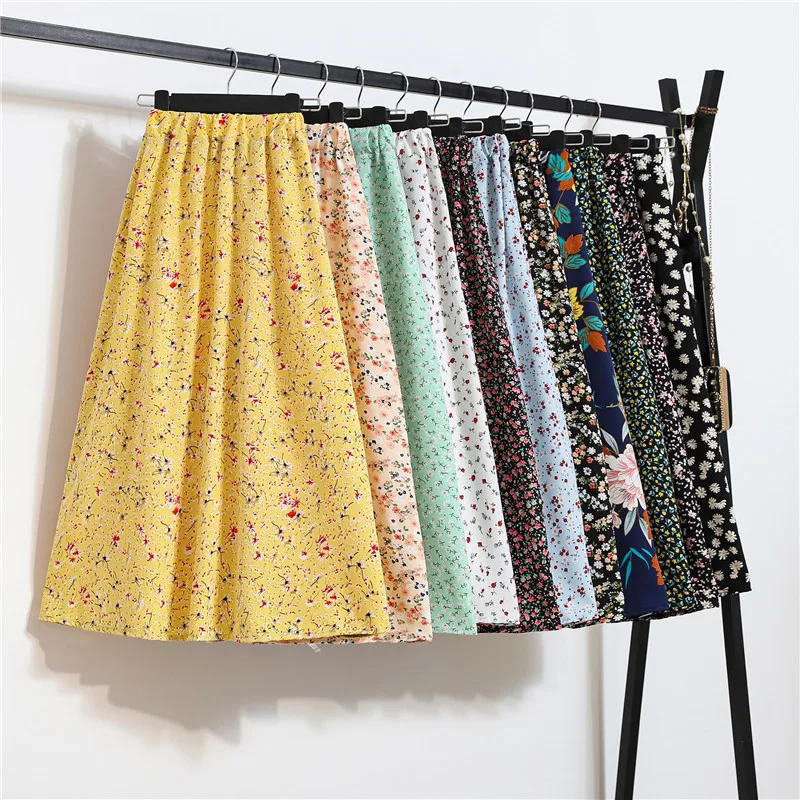 

Women Clothing Retro Summer Vacation Ladies Elegant Loose Elastic Floral High Waist Long Skirt, 11 colors