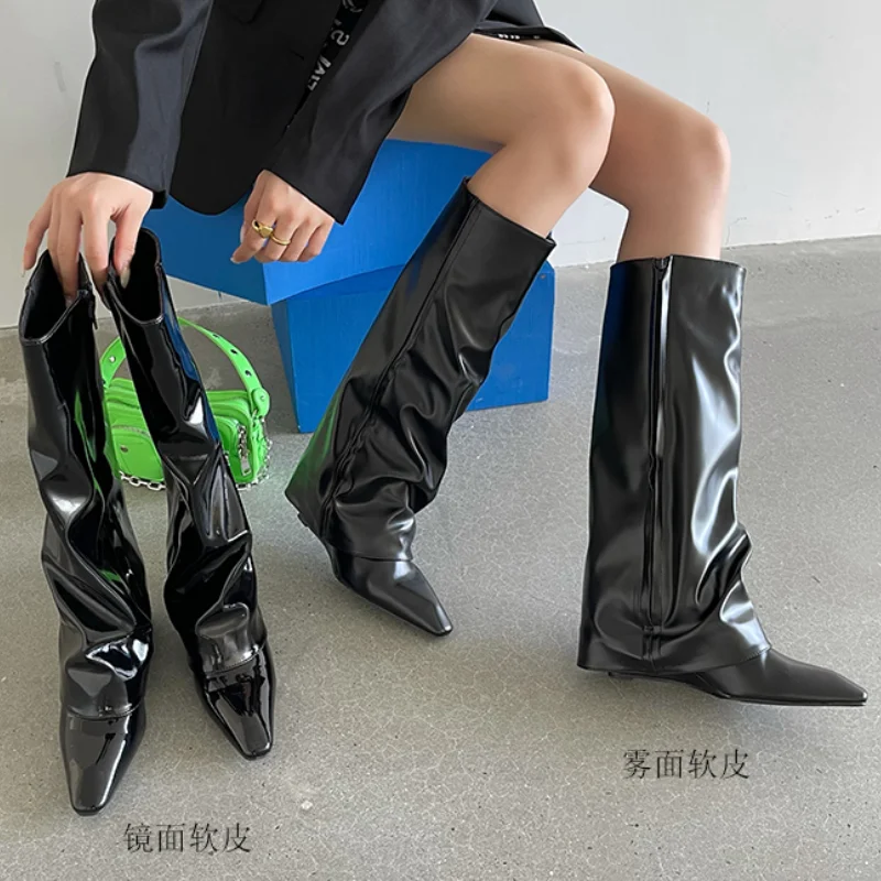 

Folded-cuff wedge heel pointed toe knee-high women boots side zipper up design soft leather female shoes for fall winter