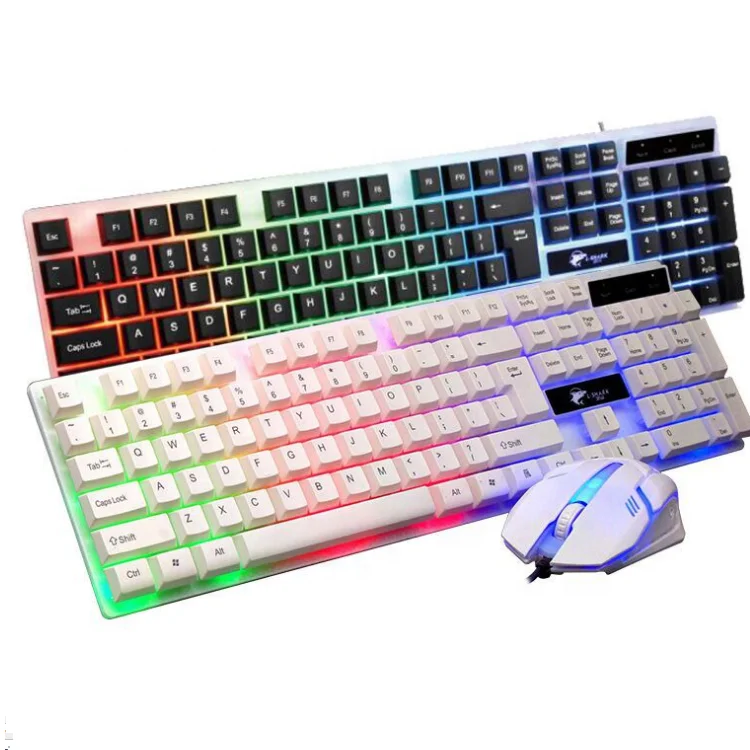 

USB wired glowing keyboard and mouse set suite mechanical feel backlight gaming backlit keyboard mouse combo for computer gamer, White /black