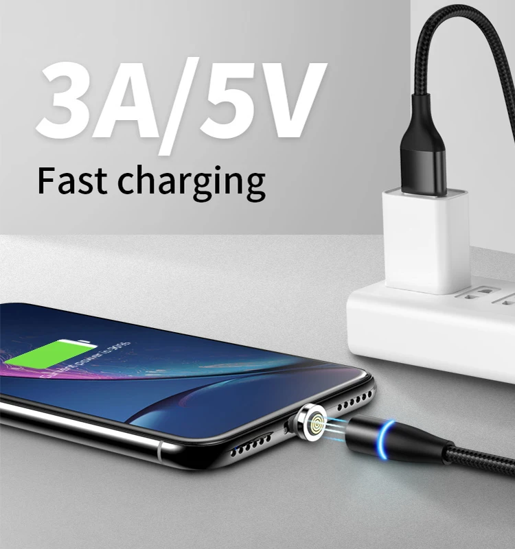Nylon Braided 360 Degree Round 3A Led Magnetic Cable 3 in 1 Quick Charge Magnet Usb Cord for iPhone Android Type C - ANKUX.COM