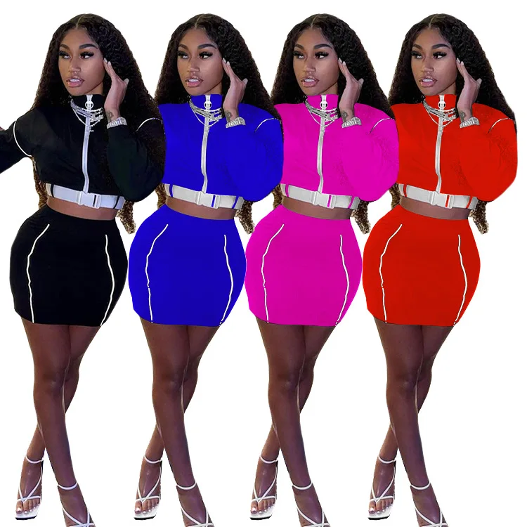 

2021 Solid Women Clothing Two Piece Skirt Outfits Long Sleeve Zip Top and Mini Short Skirt Sexy Set, Red,pink,blue,black