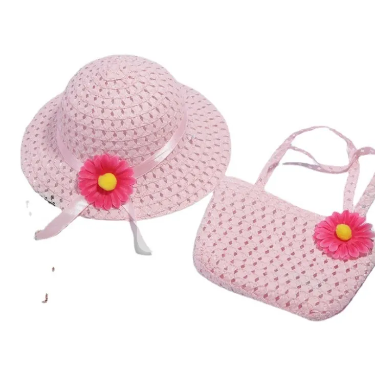 

Summer Lovely Sunflower Kids Straw Hat And Bag Set Promotion Children Beach Sun Straw Hat + Tote Handbag Bag Set, 9 colors