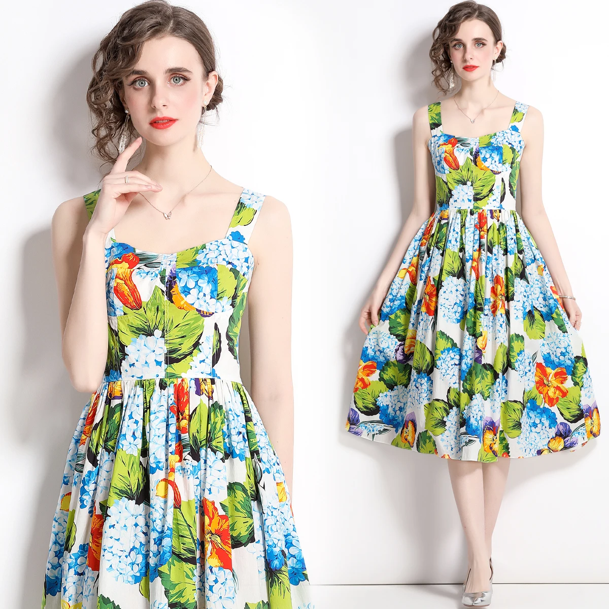 

Spaghetti Straps V Neck Fancy Floral Print Summer Slip Dress for Women