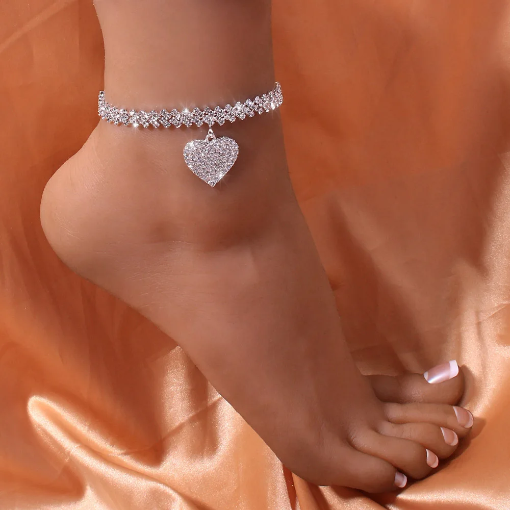 

High Quality Classic Ankle Bracelet Miami Full Diamond Heart Pendant Anklet Jewelry, Picture shows