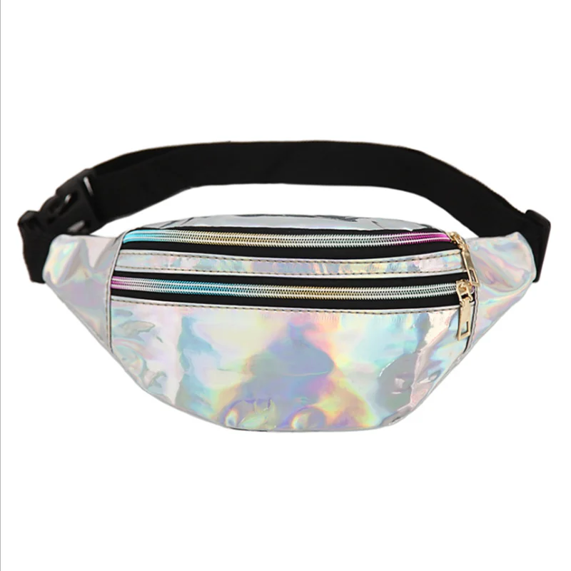 

Wholesale Fashion Lady Laser Fanny Pack Holographic Waist Bag Iridescent Fanny Pouch with Webbing Belt Buckle HF113-20046