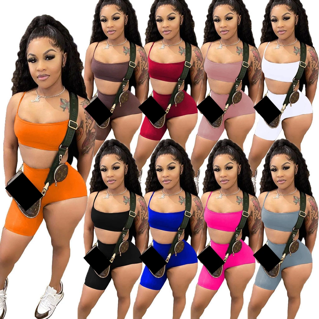 

2021 sexy casual solid color camisole sleeveless top + shorts two-piece suit women fashion Irregular shorts pants suit, Picture