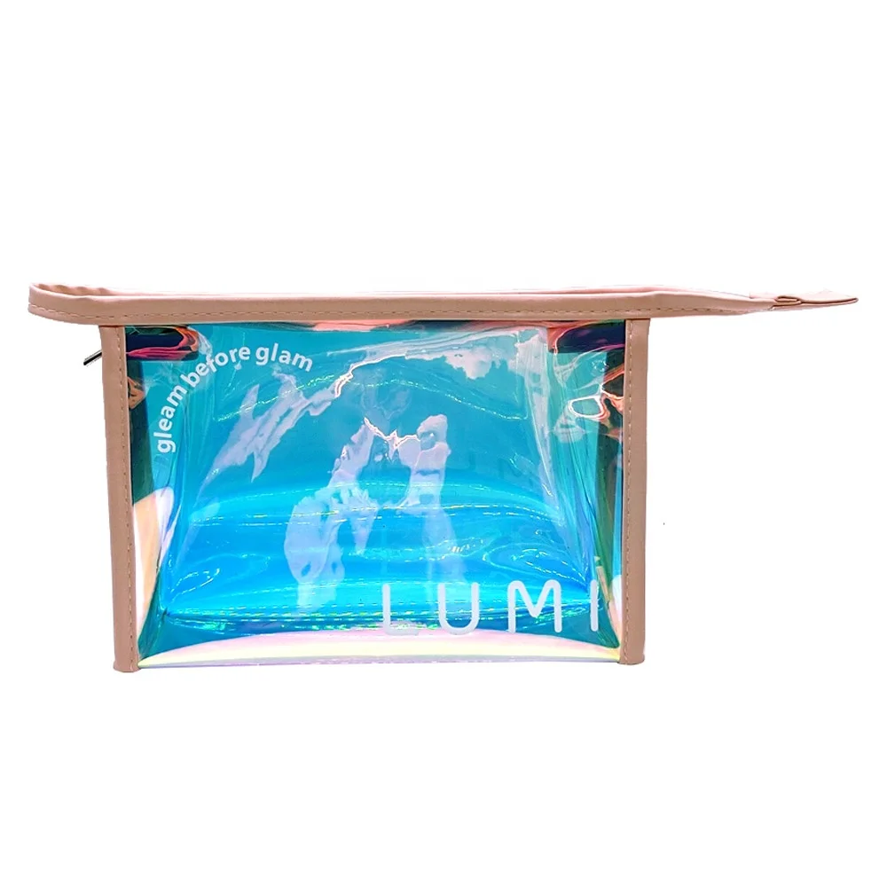 

OEM Factory Custom Holographic Plastic TPU Transparent Cosmetic Bag Zipper Pouch Holographic Clear Cosmetic Makeup Bag