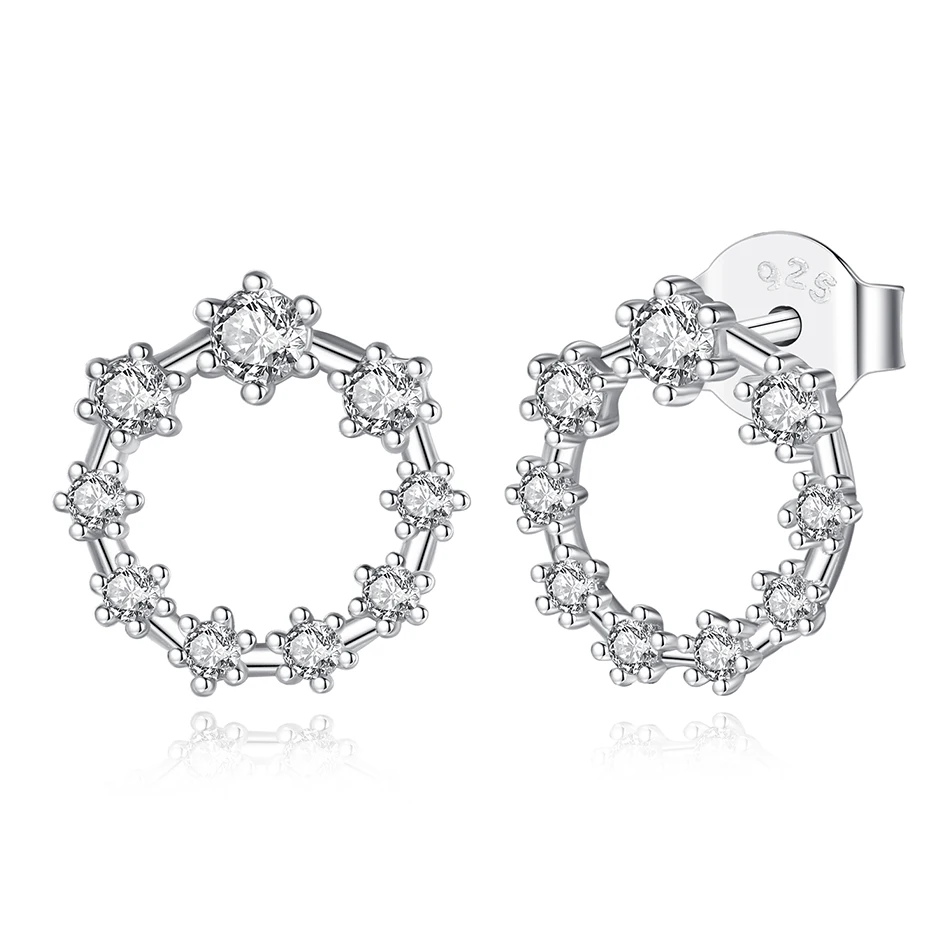 

High Quality 100% 925 Sterling Silver Circle Earrings Crystal Stackable Round Stud Earrings women Engagement jewelry