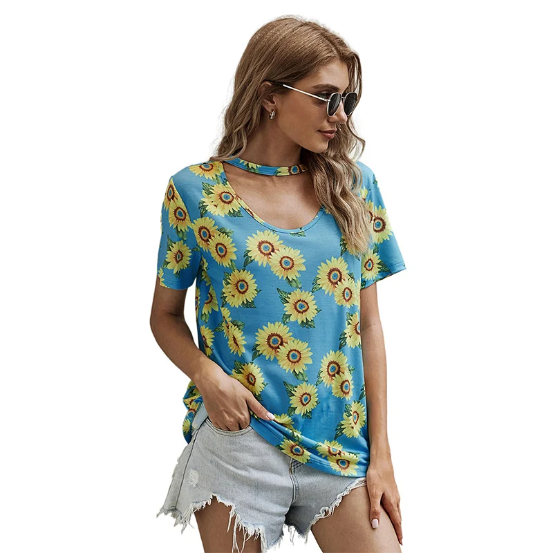 

2021New Design Graphic Sunflower T Shirt Chic Choker Neck Hollow Out Summer Tshirts Women