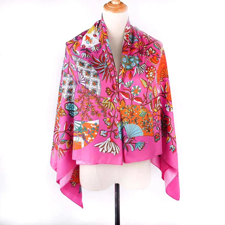 Top Quality Fashion Simple Style FENNYSUN 130*130cm  Long Custom Twill Square Silk Polyester Machine  Printed  Flower Scarves