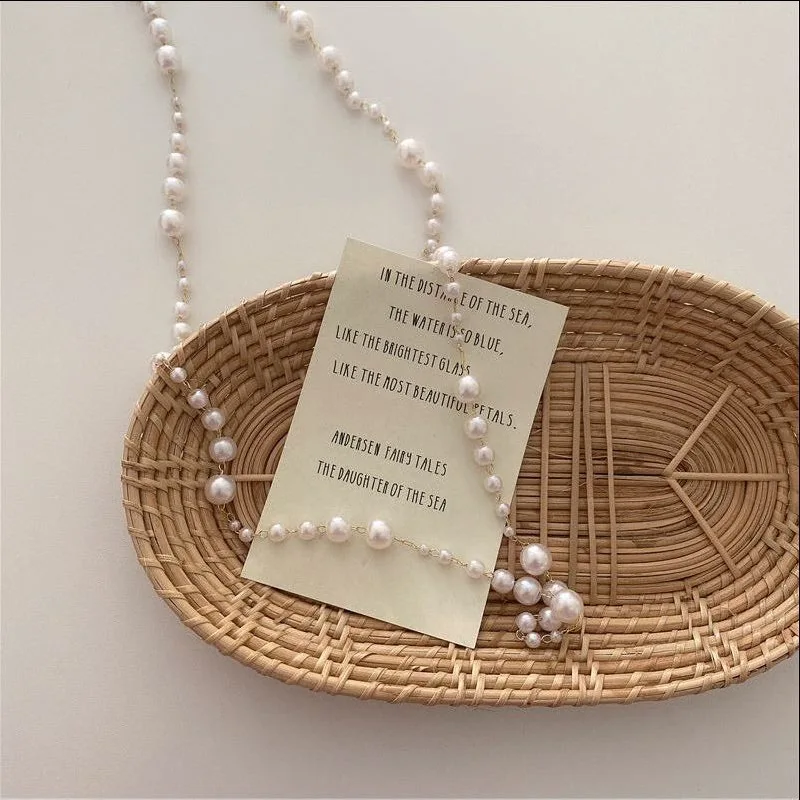 

Vintage Transparent Beaded Chain Necklace Wild Glasses Pearl Necklace, White