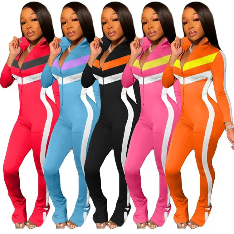 

BE-20090243 Best Design Fashion Casual Sports Jumpsuit Contrast Color Splice Women Sexy Bodycon One Piece Jumpsuits And Rompers