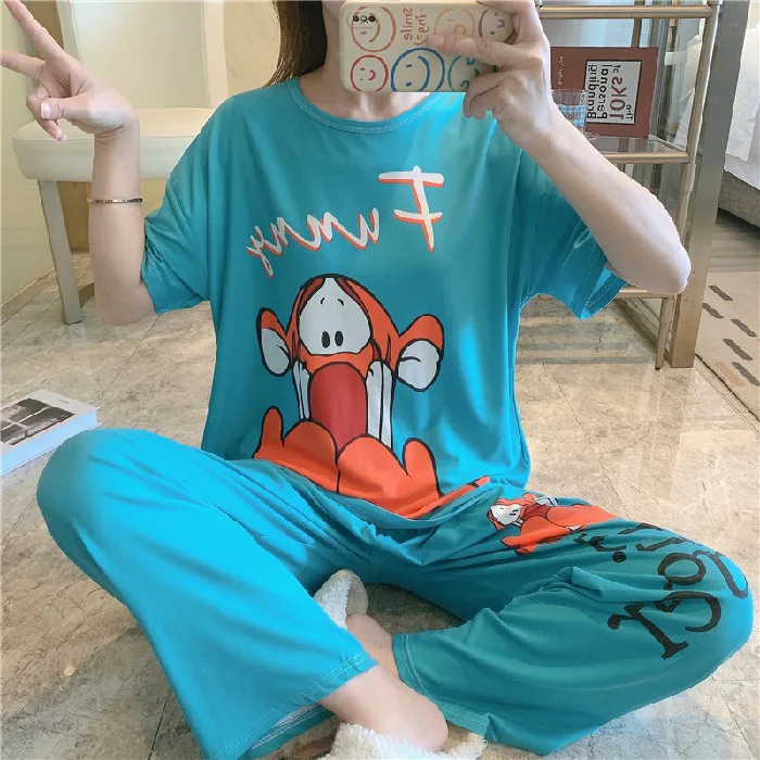 

2021 summer New loose casual short-sleeved trousers cartoon cotton comfortable home wear set pajamas for ladies, Picture shows