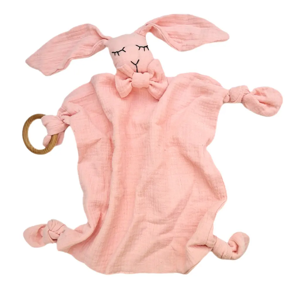 

Muslin Blanket Soothing Baby Products Cotton Cloth Towel Stuffed Bunny Toy with Wooden Teether M3045