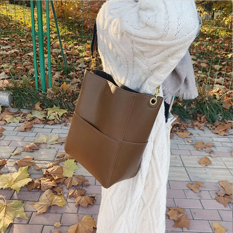 

2021 Hot Sale Brown Women Handbags PU Leather Bucket Bags Designer Shoulder Satchel Tote Bags, Brown, dark brown, khaki, black