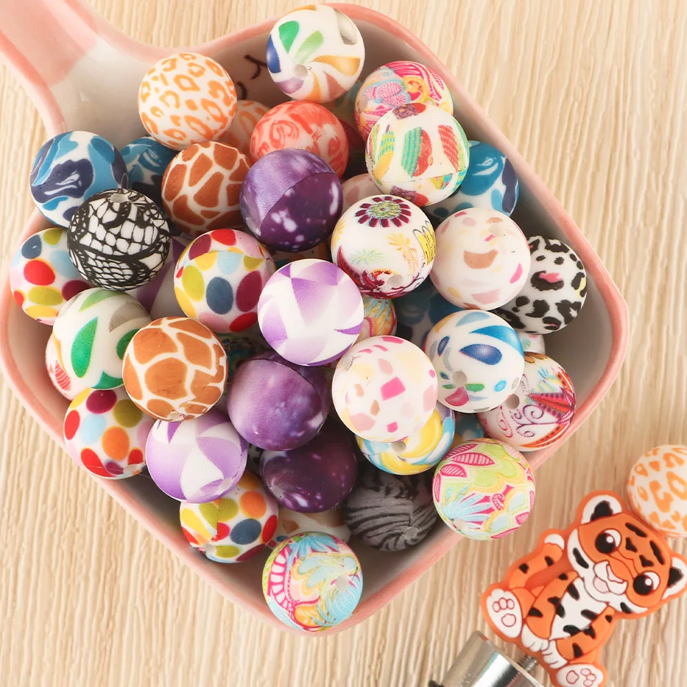 

15mm Bpa Free Food Grade football printed Round Silicone Bead For Beadable Pens Bracelet Necklace Keychain Making Accessories