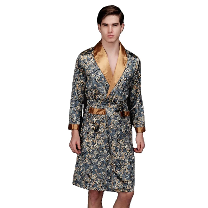 

New high quality men's summer Satin printed pajamas medium length ice silk nightgown long sleeve housewear