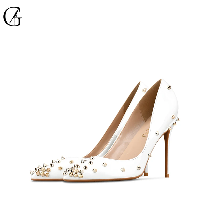 

Wholesale High Quality High Heels Gold Sliver Metal Rivet Pumps Sexy Stiletto Closed Toe Studded Ladies Dress Shoes Custom