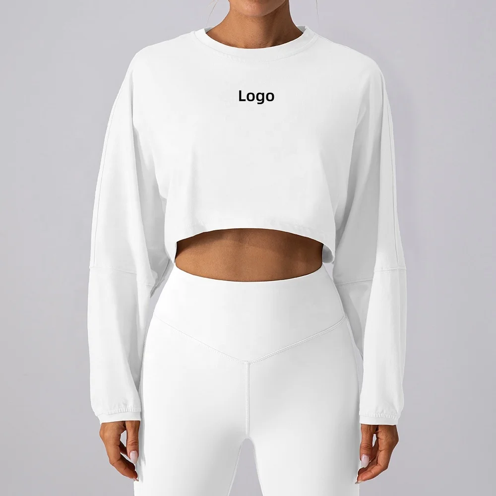 Casual Loose Long Sleeve Cotton Polyester Oversized Drop Shoulder Sweatshirt Custom Logo Women Gym Fitness Crop Top