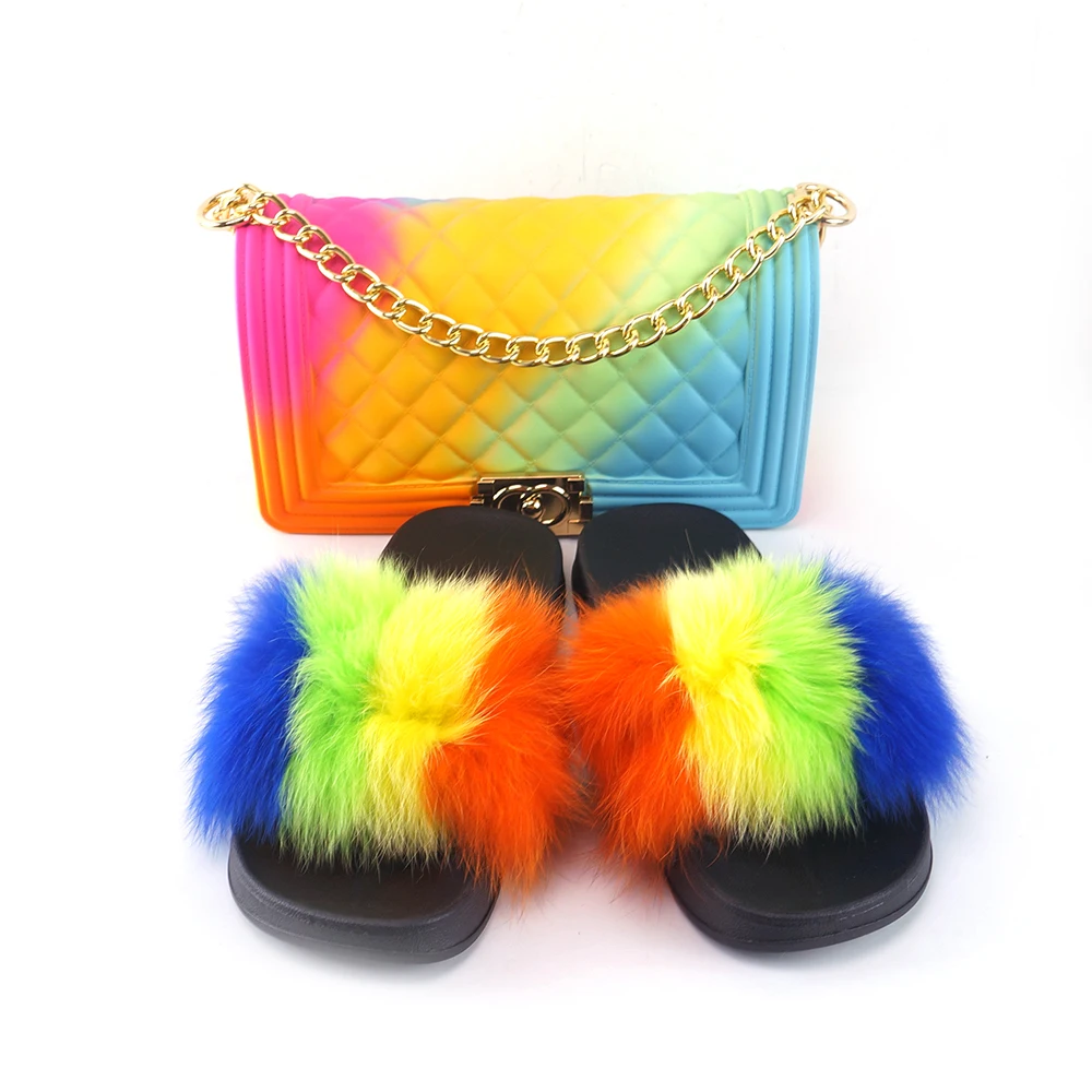 

2021 wholesale PVC EVA slides ladies fur slippers women soft real fox fur slides with purse set
